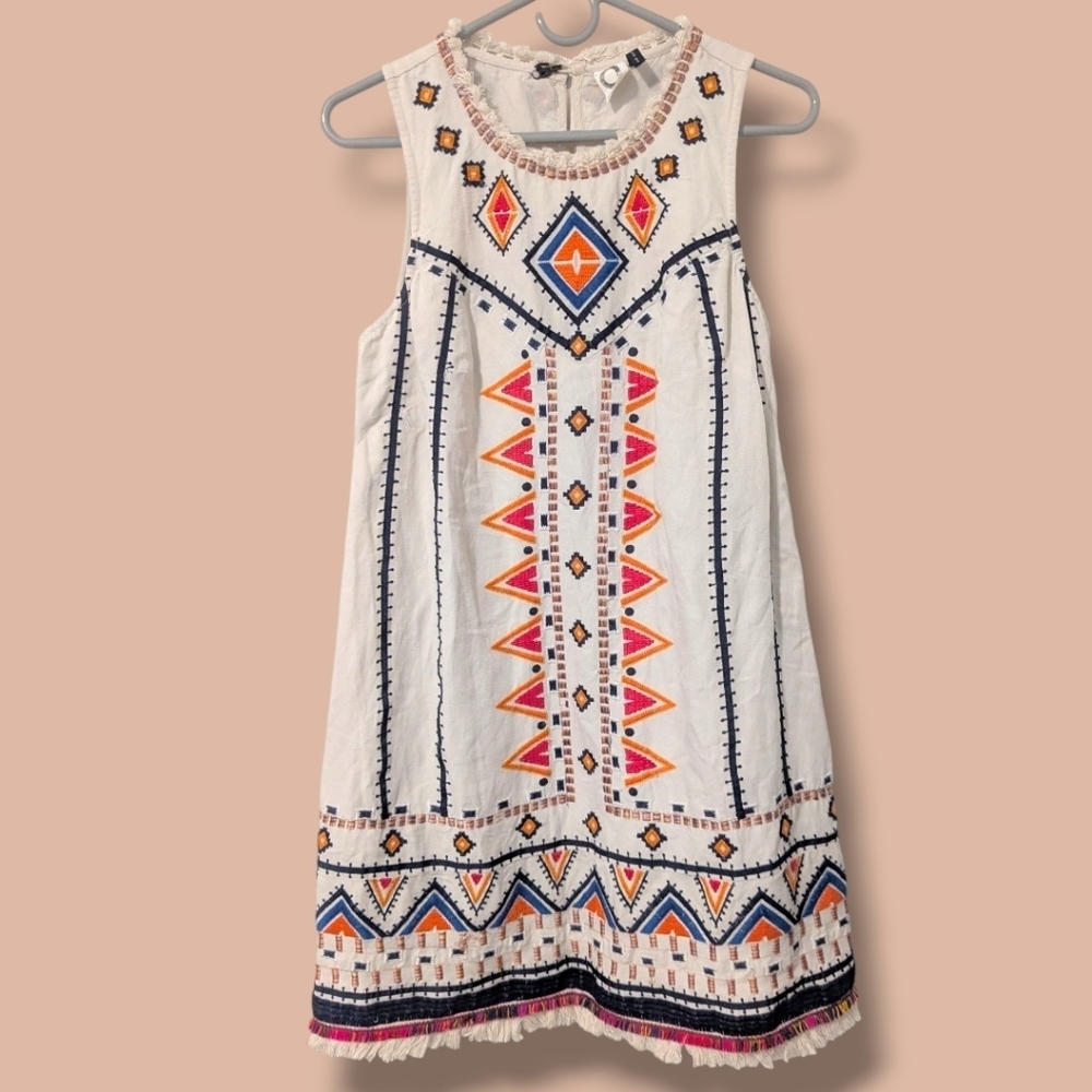 Anthropologie White Geometric Embroidered Fringe Sleeveless Shift Dress Bohemian